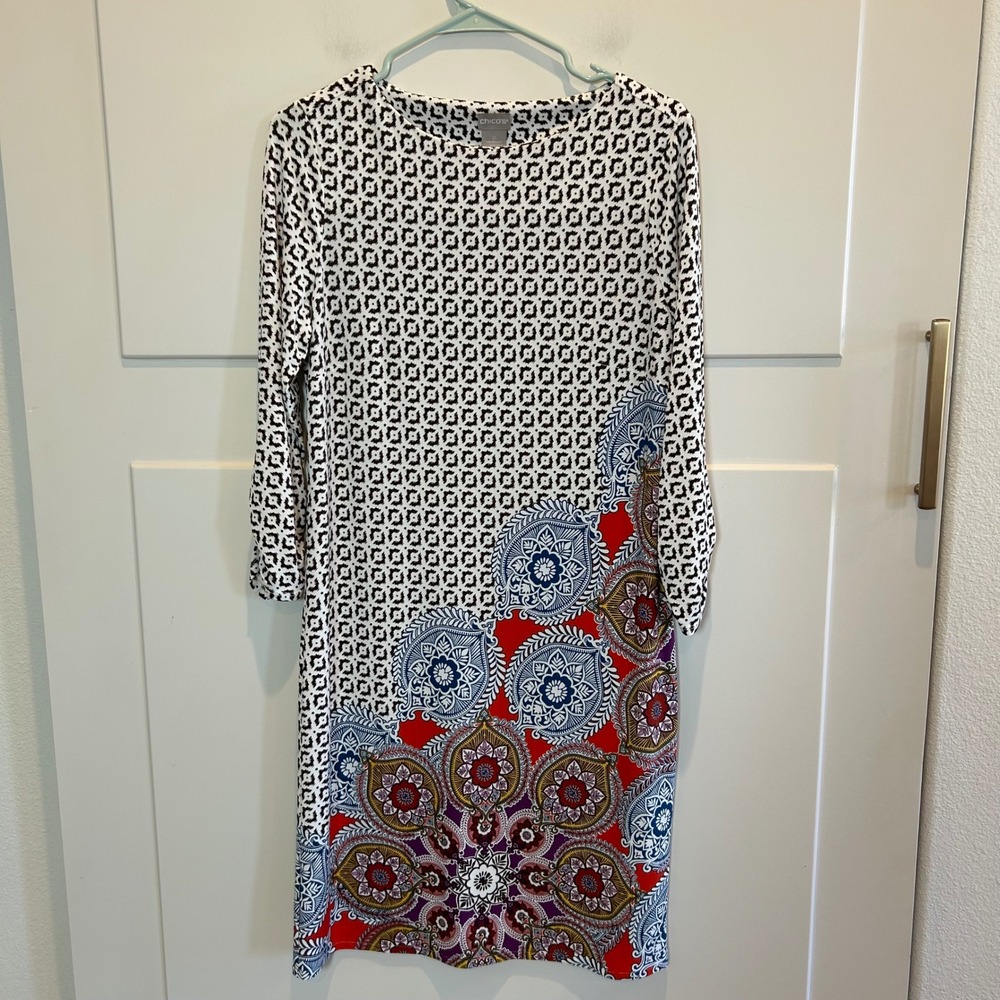 Chico's‎ Women's Size 0 Geometric Mandala Print 3/4 Sleeve Shift Dress